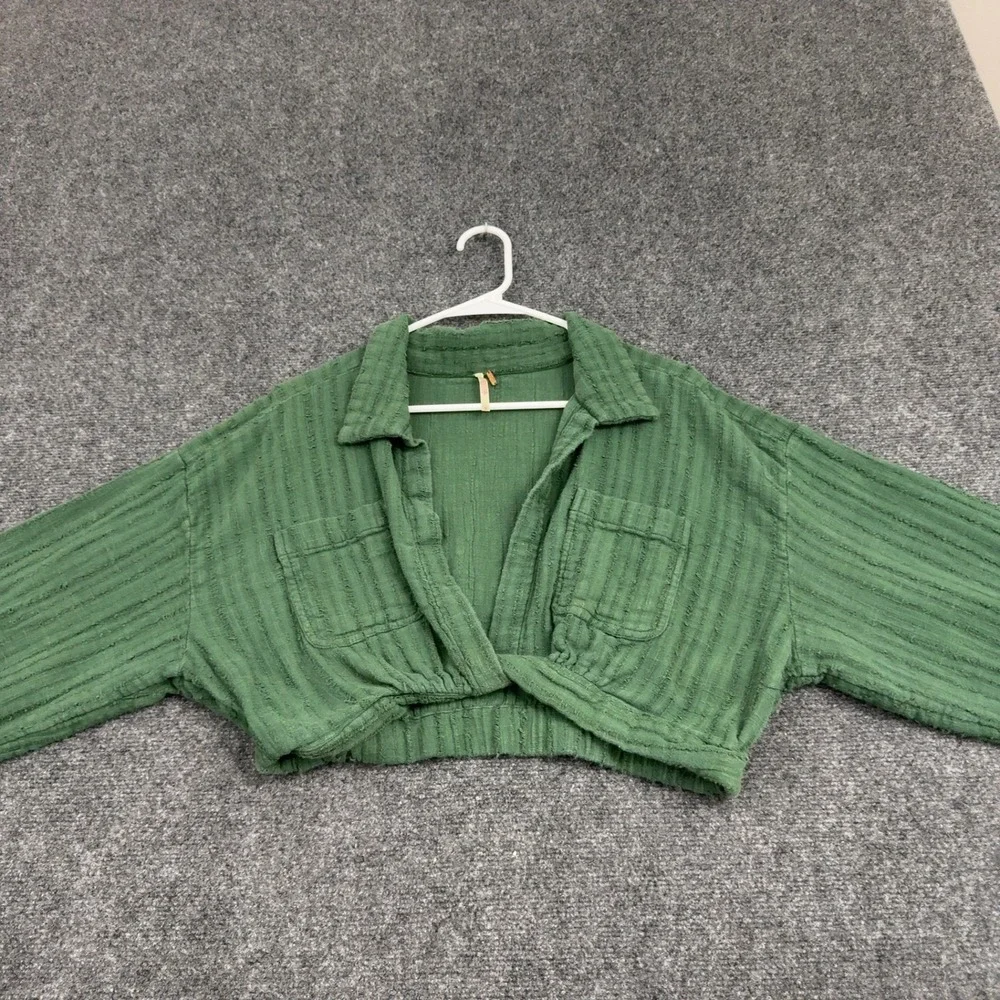 Free People Top Womens S Green Cotton Textured Cropped Long Sleeve Boho Style